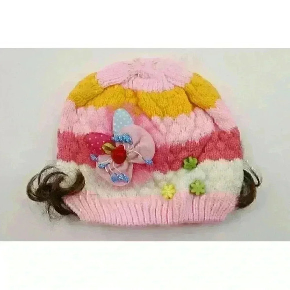 HAND knitted girl hat with knitted applique with beads for 3-6 year old. NEW. - Picture 1 of 11